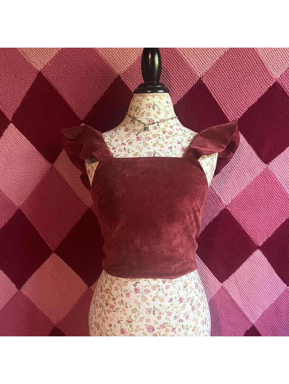 red velvet ruffled sleeveless square neck top